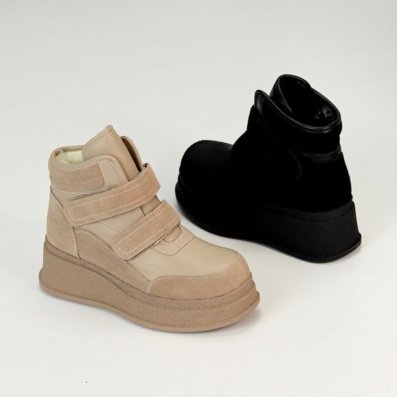 Бежеві зимові черевики снікерси на липучках натуральна шкіра + замша | Зображення 9