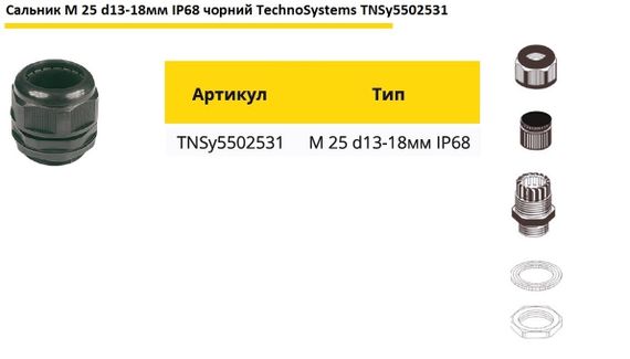 Сальник M25 d13-18мм IP68 чорний Ny95502531 | Зображення 1