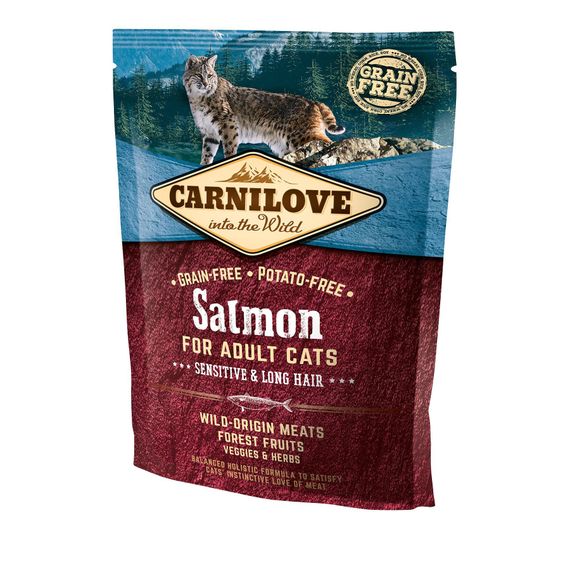Корм Carnilove Cat Salmon Sensitive & Long-Hair сухий повнораціонний беззерновий з лососем для довгошерстих котів та котів з чутливим травленням 0.4 кг