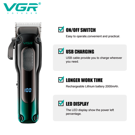 Аккумуляторная машинка для стрижки VGR V-013 GREEN, 8 насадок, 6500 RPM, 2000 mAh, LED дисплей | Зображення 3