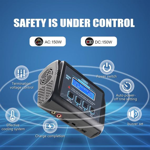 LiPo зарядний пристрій С150 150W 10A AC/DC з балансуванням та підтримкою Li-ion/LiFe/NiMH/NiCd/LiHV/Pb акумуляторів BMS контролер | Зображення 6