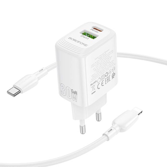 МЗП Borofone BN29 Fuente PD30W+QC3.0 (1USB-A/1C) + кабель Type-C to Lightning White | Зображення 2