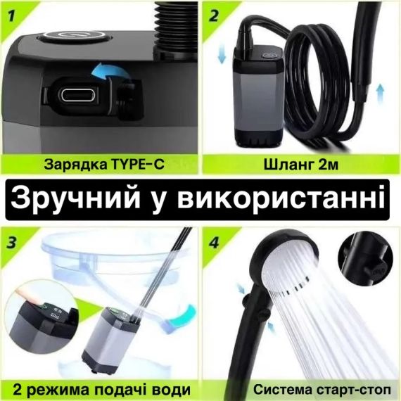 Портативный душ с насосом электрический 9000mAh полевой Lixada Походный переносной душ для туризма и дома | Зображення 6
