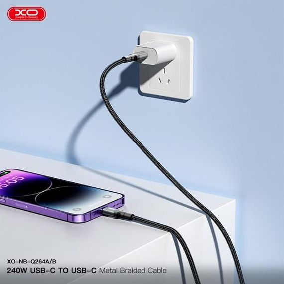 Кабель XO NBQ264A High Power Braided Type-C to Type-C - 240W - 2m Black | Зображення 4