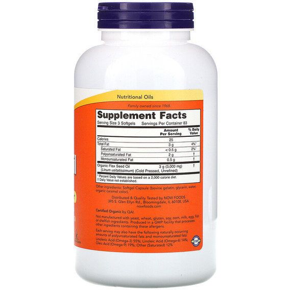 Льняное масло NOW Foods Flax Oil with Essential Omega-3's 1000 mg 250 Softgels NF1772 | Зображення 1