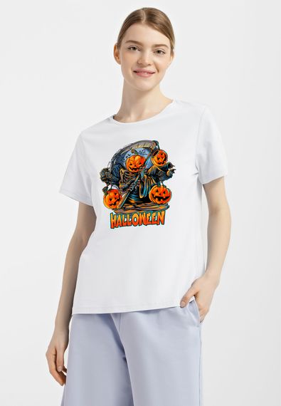 Футболка жіноча біла з принтом "Гарбуз з косою", M