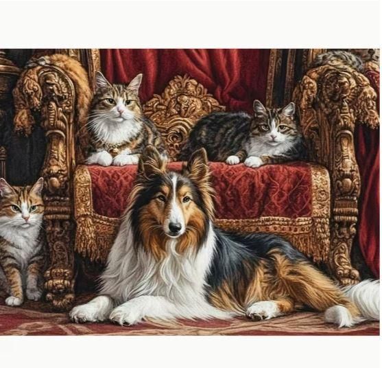 Набір для вишивання JOZYSH «Королівський затишок: Коллі та коти» 14CT, 30x40 см, канва Аїду з нанесеним малюнком | Зображення 4