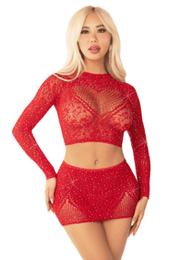 Комплект Leg Avenue Rhinestone Crop Top and Mini Skirt Червоний One Size