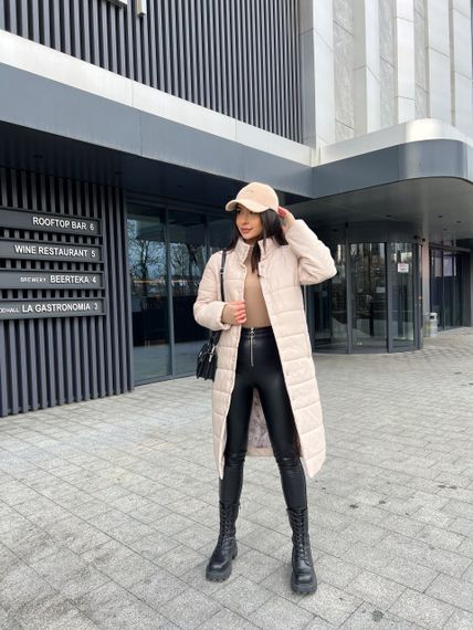 Женская демисезонная стильная удлиненная куртка-пальто стеганая PA2041 цвет бежевый, размер 50/52 | Зображення 4