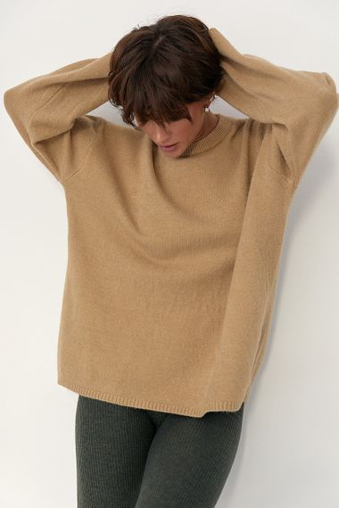 В'язана однотонна кофта з широкими рукавами - світло-коричневий цвет, ONE SIZE (є розміри)