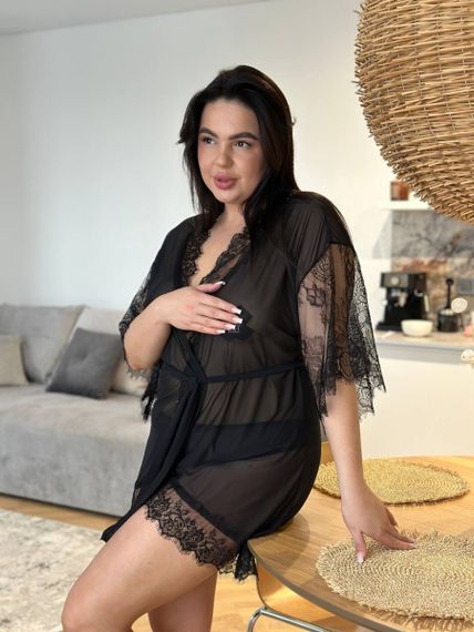 Чорний жіночий еротичний халат PLUS SIZE з мереживом | Зображення 2