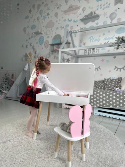 Дитячий столик білий і стільчик метелик рожевий. Столик із нішею для олівців і розмальовок | Зображення 4