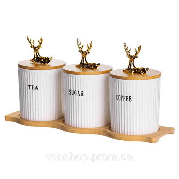 Набор фарфоровых банок для сыпучих на подставке 3 шт по 400 мл для чая кофе сахара SCT-652 | Зображення 1
