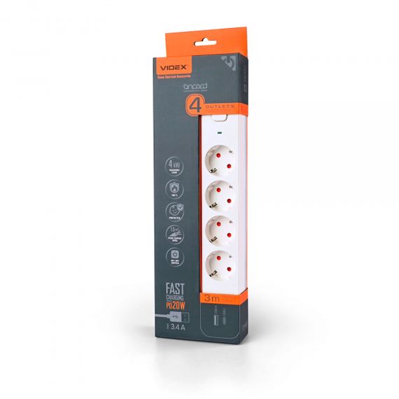 Мережевий подовжувач VIDEX ONCORD з/з 4п 3м (3x1.5мм) 3.4А USB(QC3.0) +USB-C(PD20W) з кнопкою White