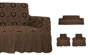 Жакардовый чохол на диван + 2 крісла Damask зі спідницею, коричневий