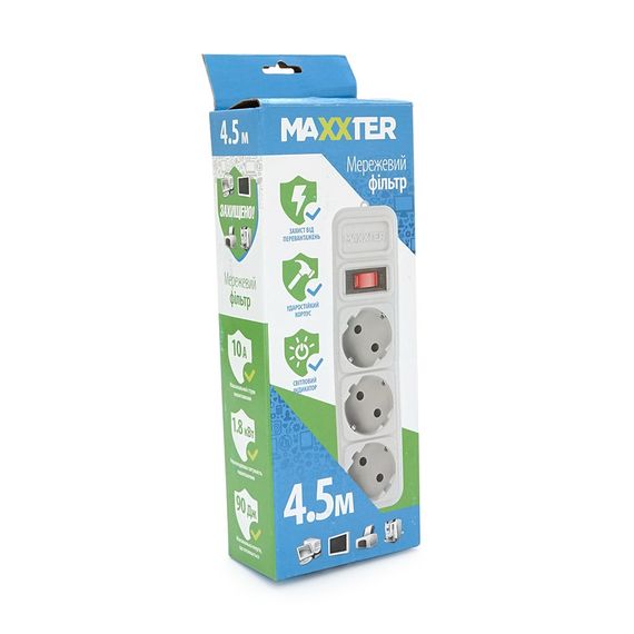 Подовжувач мережі Maxxter SP5, 220В 10А, 3 розетки, 4.5 м, Gray | Зображення 2