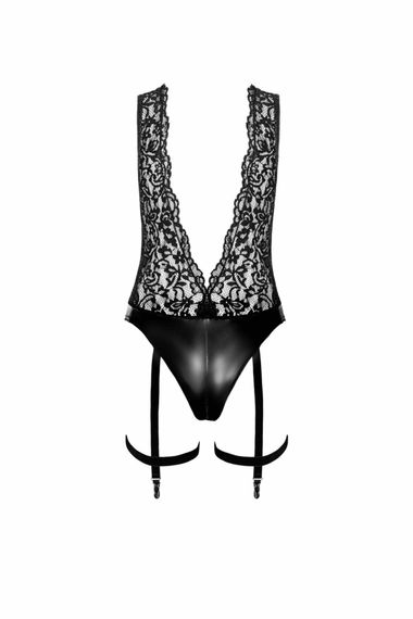 Боді Noir Handmade F297 Libido, 3XL, чорне, мереживо, низ під латекс, відкритий доступ, гартери | Зображення 4