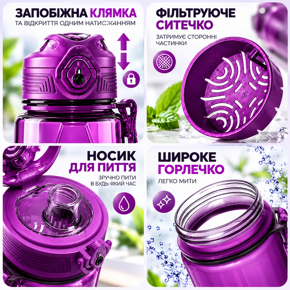 Бутылка для воды KANGZYUAN 500 мл спортивная фиолетовая из тритана Tritan BPA Free ударопрочная с эргономичной крышкой | Зображення 4