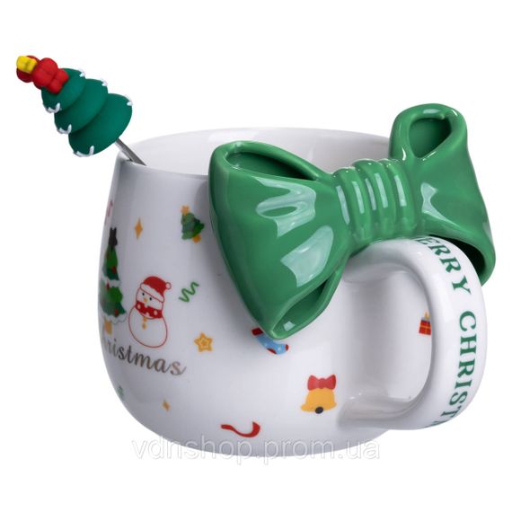 Новогодняя фарфоровая чашка с ложкой Merry Christmas 400 (мл) Зеленый Yiwu FM-CS-19B | Зображення 3