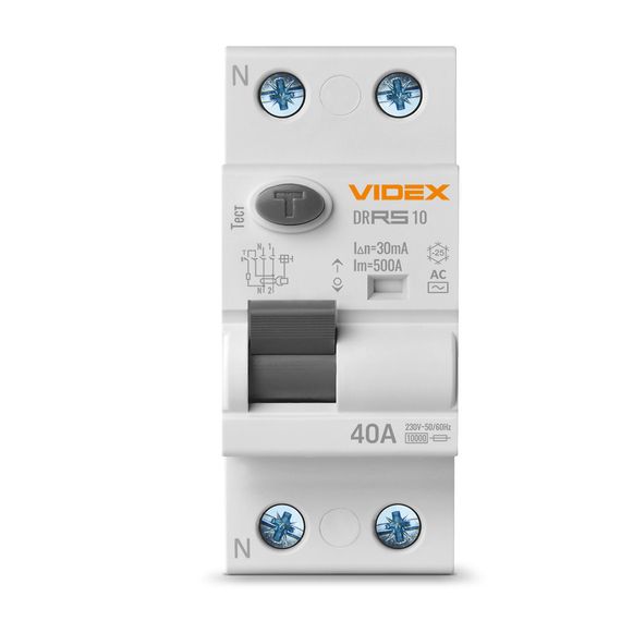Устройство защитного отключения (УЗО) VIDEX RESIST АС 2п 30мА 10кА 40А (VF-RS10-DR2AC40) | Зображення 1