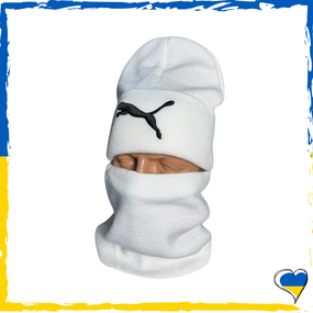 Комплект Puma белый шапка и бафф на флисе унисекс. Набор теплый. Мужской, женский, подростковый, детский