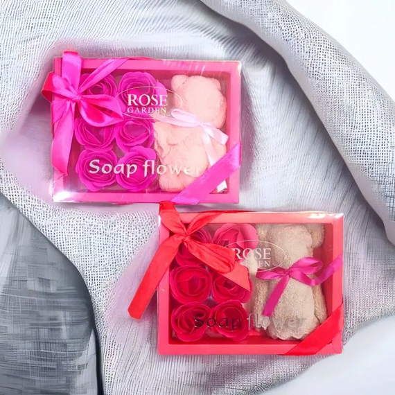 Подарунковий набір "Троянди з мила та рушник", в наборі 6 троянд і 1 рушник, довговічний подарунок, 20×15×4 см | Зображення 4