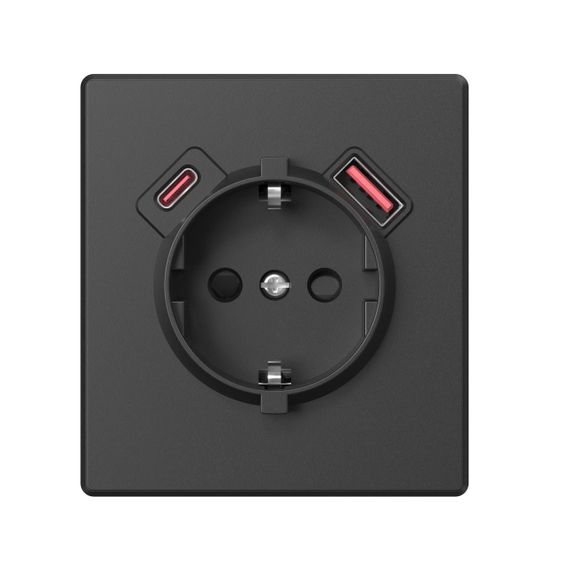 Розетка одинарна із заземленням USB-A+C 20W вугільно-чорна VIDEX NOTA (VF-NT-SK1GUC-BL) | Зображення 1