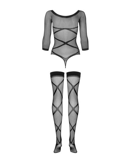 Бодістокінг Obsessive Bodystocking G320 S/M/L, панчохи, боді, декор у вигляді ліній | Зображення 5
