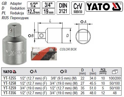 Переходник YATO перехидник M=1/2"(F)/3/4(М) l=48 мм YT-1356