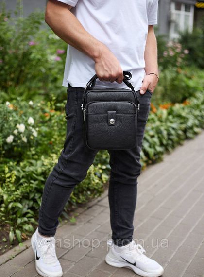 Мужская кожаная универсальная сумка 24х20х8, барсетка из кожи, сумочка для мужчин с регулировкой ручки, черная | Зображення 8