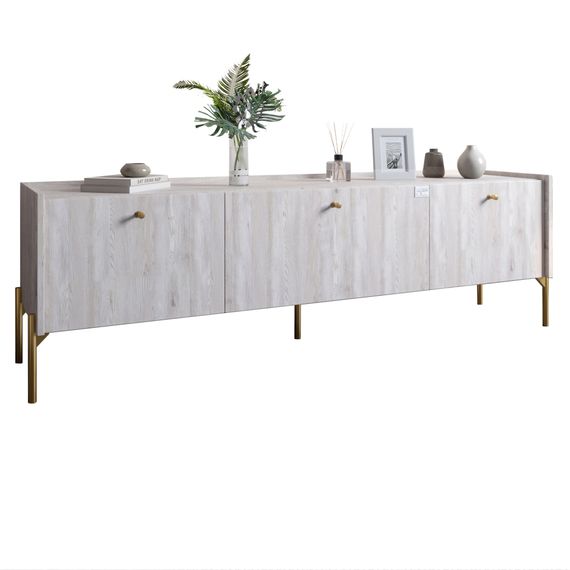Тумба під телевізор на 3 шухляди LION Wood з золотими ніжками 160х65х40 см Самоа Димчастий (LION-042999) | Зображення 1