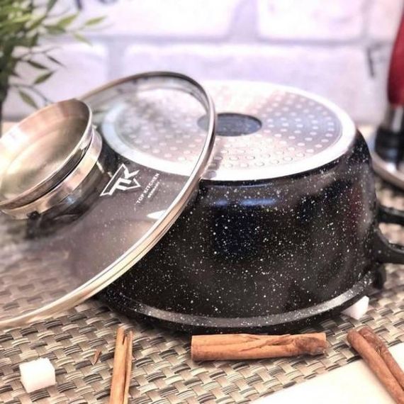 Кастрюля со стеклянной  крышкой и гранитным антипригарным покрытием 4,5л 24см Top Kitchen ТК-00052 Черная