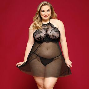 Сорочка беби-долл JSY «Страстная Лилит» Plus Size, Black, халтер, мелкая сетка, кружево, стринги Sex Aura