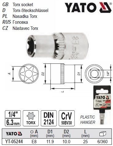 Головка торцевая TORX E8 1/4" Польша YATO YT-05244