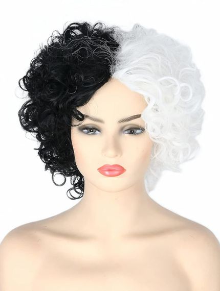 Короткий женский кудрявый парик Круэлла Де Виль Черно-белый, термостойкий, на Хэллоуин, косплей, корпоратив