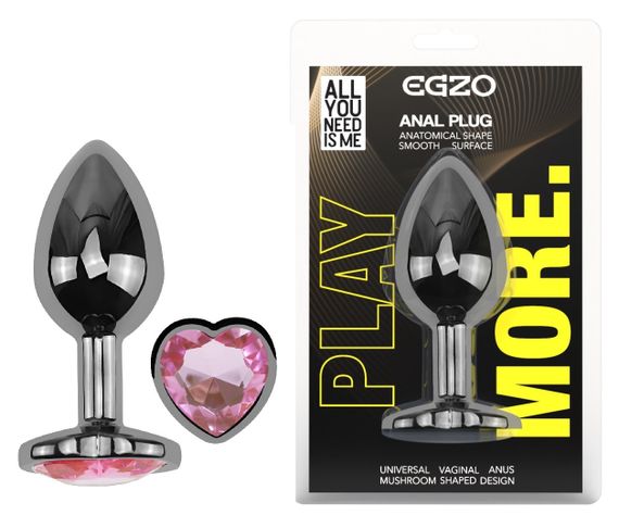 Анальна пробка з кристалом EGZO - Dark Silver Heart Plug Pink size S sexstyle