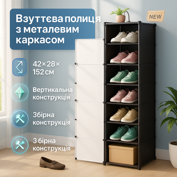 Дуже зручна полиця для взуття 42х28х152см, Взуттєва полиця з металевим каркасом, Полички для взуття XC-90