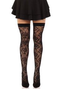 Панчохи Leg Avenue Wild rose net thigh highs, One Size, чорні, широка резинка, малюнок-троянди Sex Aura