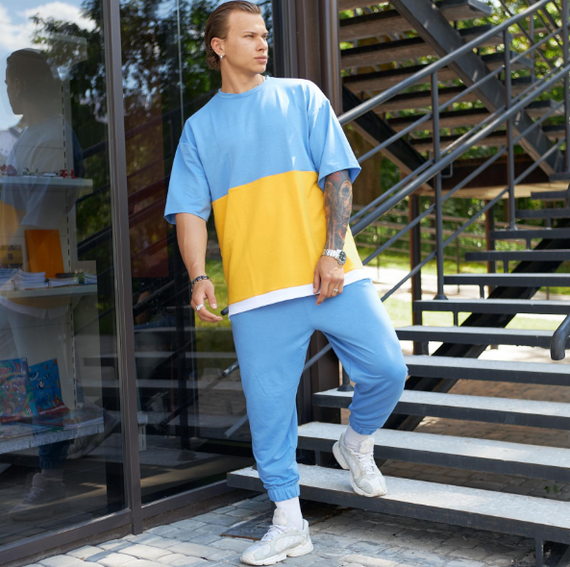 Мужской летний спортивный костюм в стиле оверсайз штаны + футболка FD201/1 цвет желто-голубой, размер S | Зображення 2