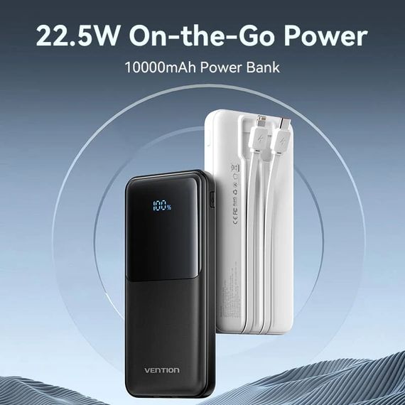 УМБ Vention 10000mAh 22.5W 3A PD,Micro-USB,USB-C,2xUSB-A,Built-in USB-C+Lightning Cables White | Зображення 1