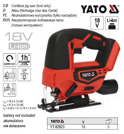 Лобзик акумуляторний YATO Польща Li-Ion 18В БЕЗ акумулятора YT-82823