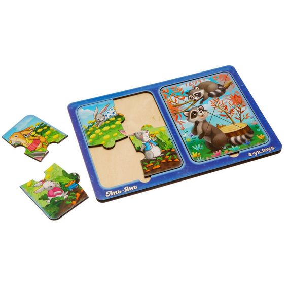 Дерев'яний пазл-вкладиш "Зайчики та єнотики" Ubumblebees (ПСД182) PSD182 в рамці | Зображення 1