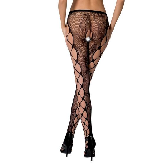 Еротичні колготки-бодістокінг Passion S008 black, ажурні колготки з вирізом та лампасами-сіткою, S/M/L | Зображення 1