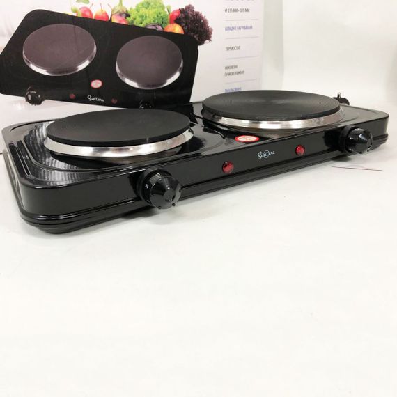 Плитка настільна електрична Suntera DP-1935B, 2500 W, 2 конфорки різного діаметру. Колір: чорний | Зображення 1