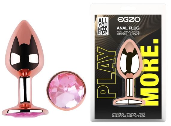 Анальная пробка EGZO Rose Gold Round Plug Pink M, металлическая с розовым кристаллом Sex Aura