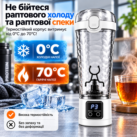 Электрический шейкер для протеина 700 мл с USB, автоматический миксер для спортивного питания с LED дисплеем, белый | Зображення 7