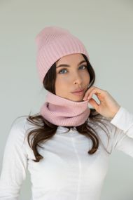 Жіночий в’язаний комплект шапка біні з відворотом і хомут Теплий демісезонний головний убір, 54–58 см Рожевий