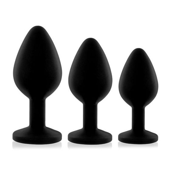 Набор силиконовых анальных пробок с кристаллом Rianne S: Booty Plug Set Black, диаметр 3,2см, 3,5см, 4,2см, Черный