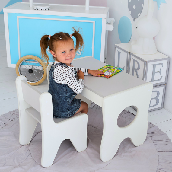 Зручний столик у дитячу кімнату 70×45×51, дитячий ігральний стіл із ящиком, білий з сірим | Зображення 4