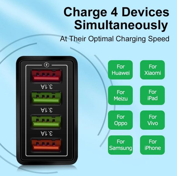 Сетевое зарядное устройство с 4 USB-портами и поддержкой быстрой зарядки, 3.1А | Зображення 2